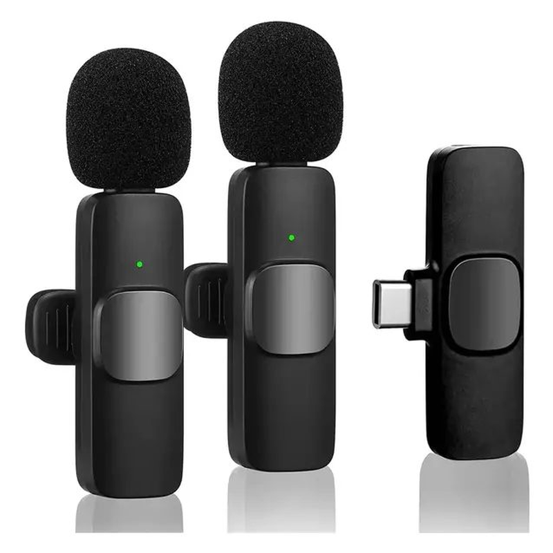 2x Micrófono Dinámico Inalámbrico Corbatero K9 USB-C Android iPhone negro