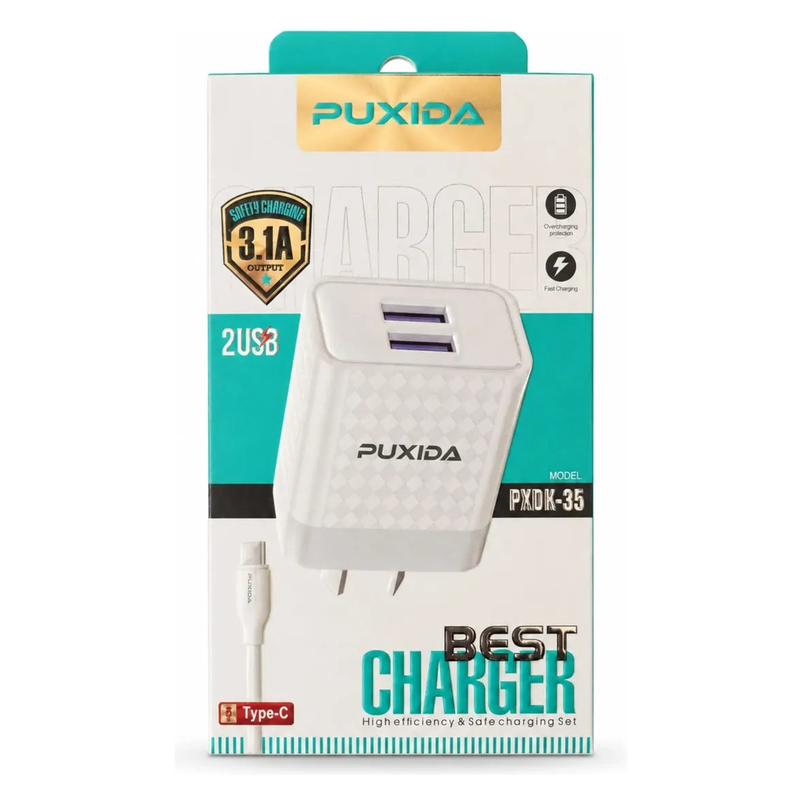 Cargador Pared 2 Usb 3.1a Carga Rápida Cable Tipo C Puxida